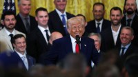 Washington, D.C., USA; President Donald Trump speaks during a ceremony honoring the members of the 2024 World Series Champion Los Angeles Dodgers in the East Room at the White House.