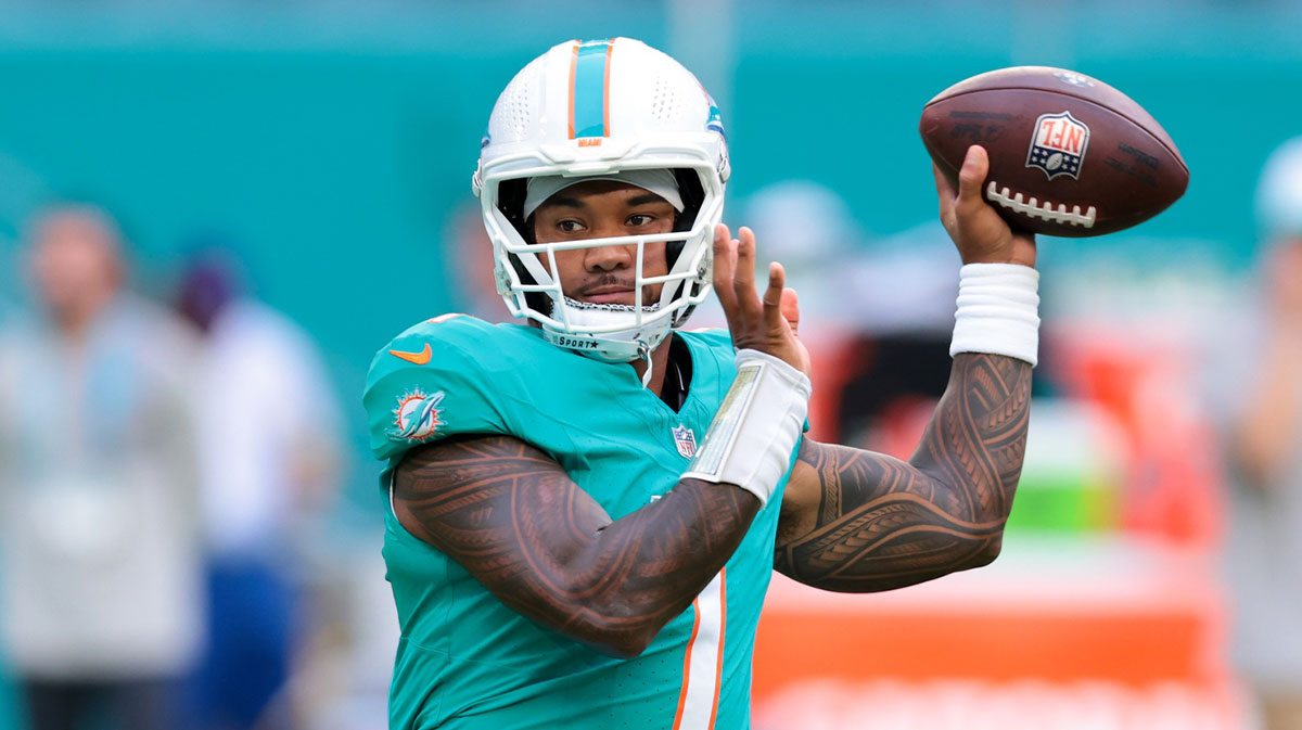 Miami Dolphins quarterback Tua Tagovailoa (1) throws the football before the game against the Jacksonville Jaguars at Hard Rock Stadium.