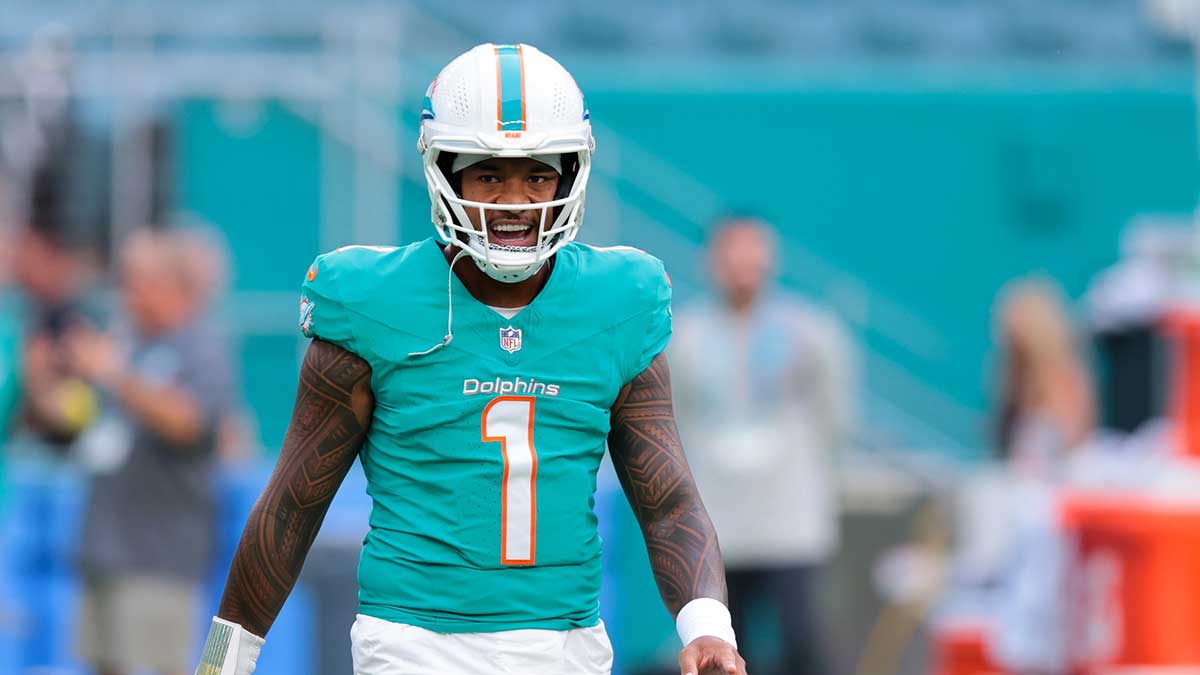 Miami Dolphins quarterback Tua Tagovailoa (1) reacts before the game against the Jacksonville Jaguars at Hard Rock Stadium.