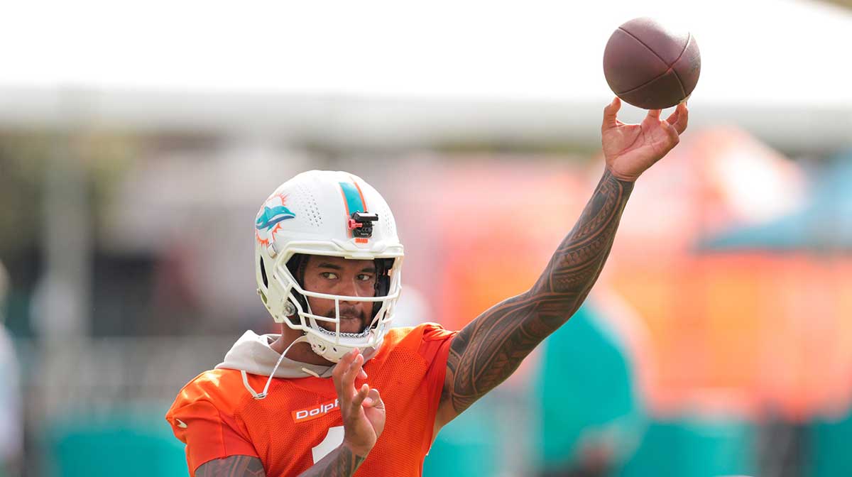 Miami Dolphins quarterback Tua Tagovailoa (1) throws the football during training camp at Baptist Health Training Complex.