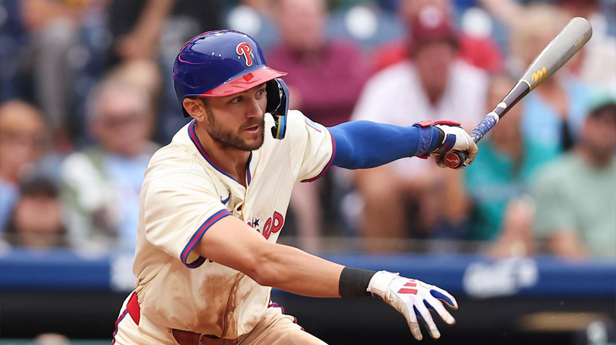 Philadelphia Phillies shortstop Trea Turner (7) hits an RBI single during the seventh inning against the Seattle Mariners at Citizens Bank Park.