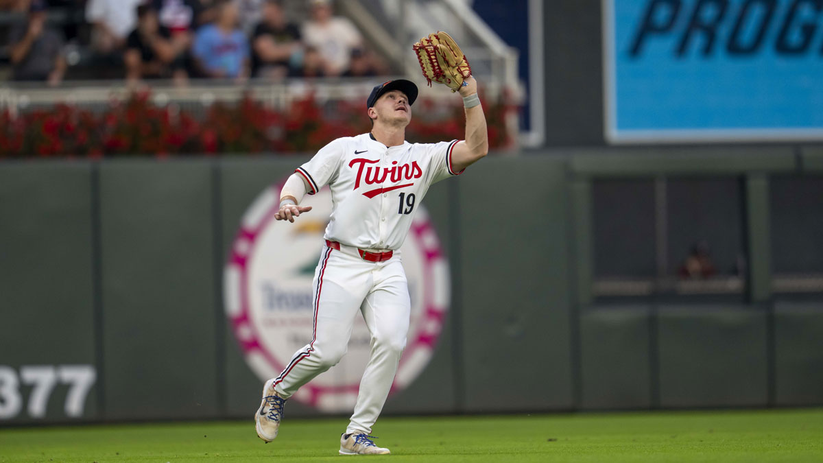 Minnesota Twins left fielder Alan Roden (19) catches a fly ball against the Detroit Tigers in the fifth inning at Target Field.
