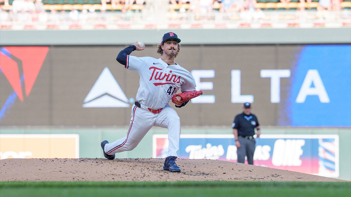 Minnesota Twins starting pitcher Joe Ryan (41) pitches to Washington Nationals first baseman Nathaniel Lowe (33) in the second inning at Target Field.