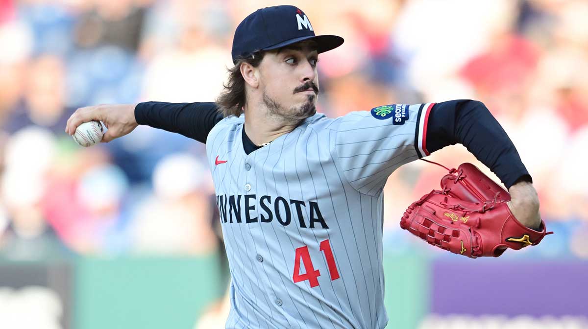 Minnesota Twins starting pitcher Joe Ryan (41) throws a pitch during the first inning against the Cleveland Guardians at Progressive Field.