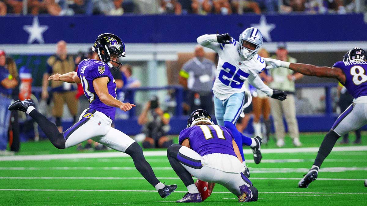 Baltimore Ravens place kicker Tyler Loop (33) kicks a field goal during the second half against the Dallas Cowboys.