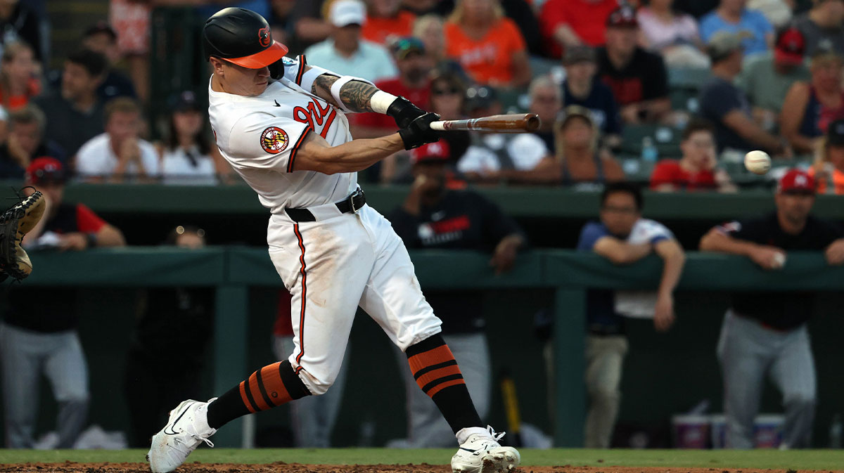 Baltimore Orioles outfielder Tyler O'Neill (9) singles during the fourth inning against the Minnesota Twins at Ed Smith Stadium.