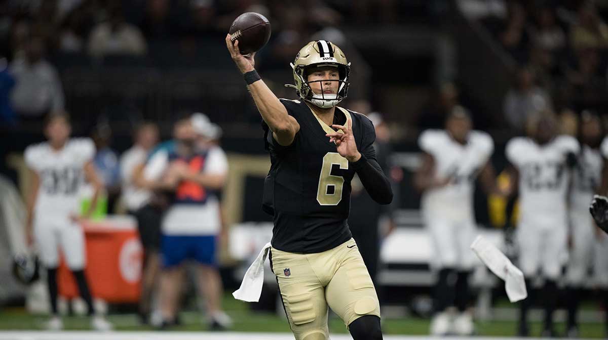 New Orleans Saints quarterback Tyler Shough (6) throws against the Jacksonville Jaguars during the first half at Caesars Superdome.