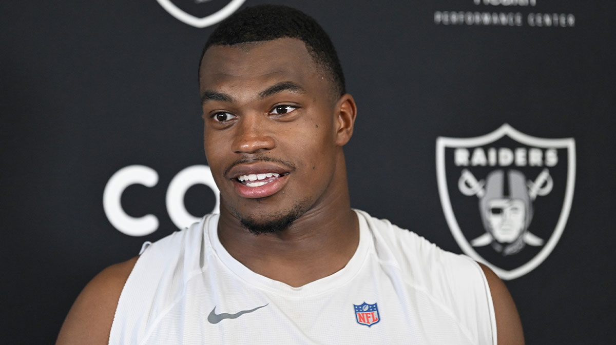 Las Vegas Raiders defensive end Tyree Wilson (9) speaks to the media during Las Vegas Raiders Minicamp at Intermountain Health Performance Center.