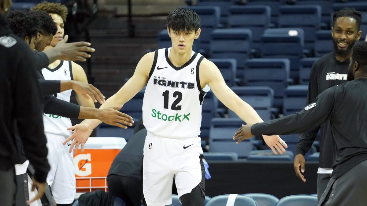 G League Ignite forward Fanbo Zeng (12) is introduced before the game against the Stockton Kings at Stockton Arena.