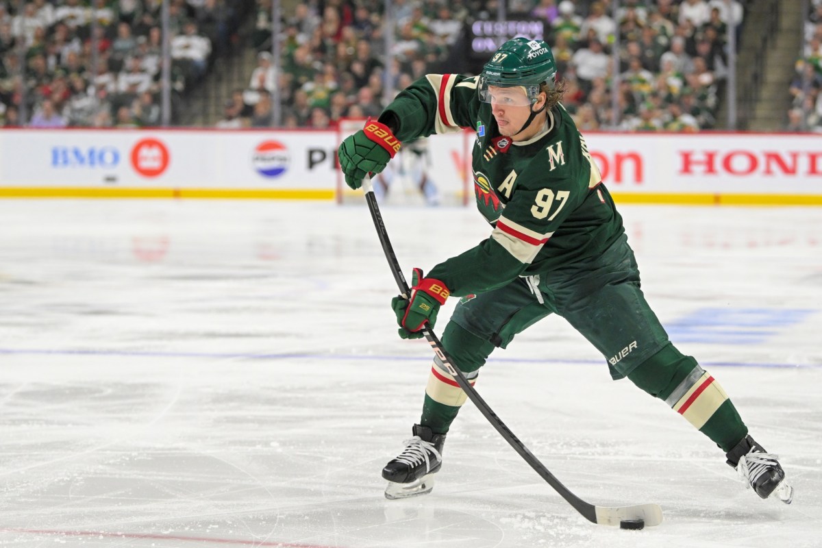 Minnesota Wild forward Kirill Kaprizov (97) takes a shot on goal against the Vegas Golden Knights during the second period in game six of the first round of the 2025 Stanley Cup Playoffs at Xcel Energy Center.
