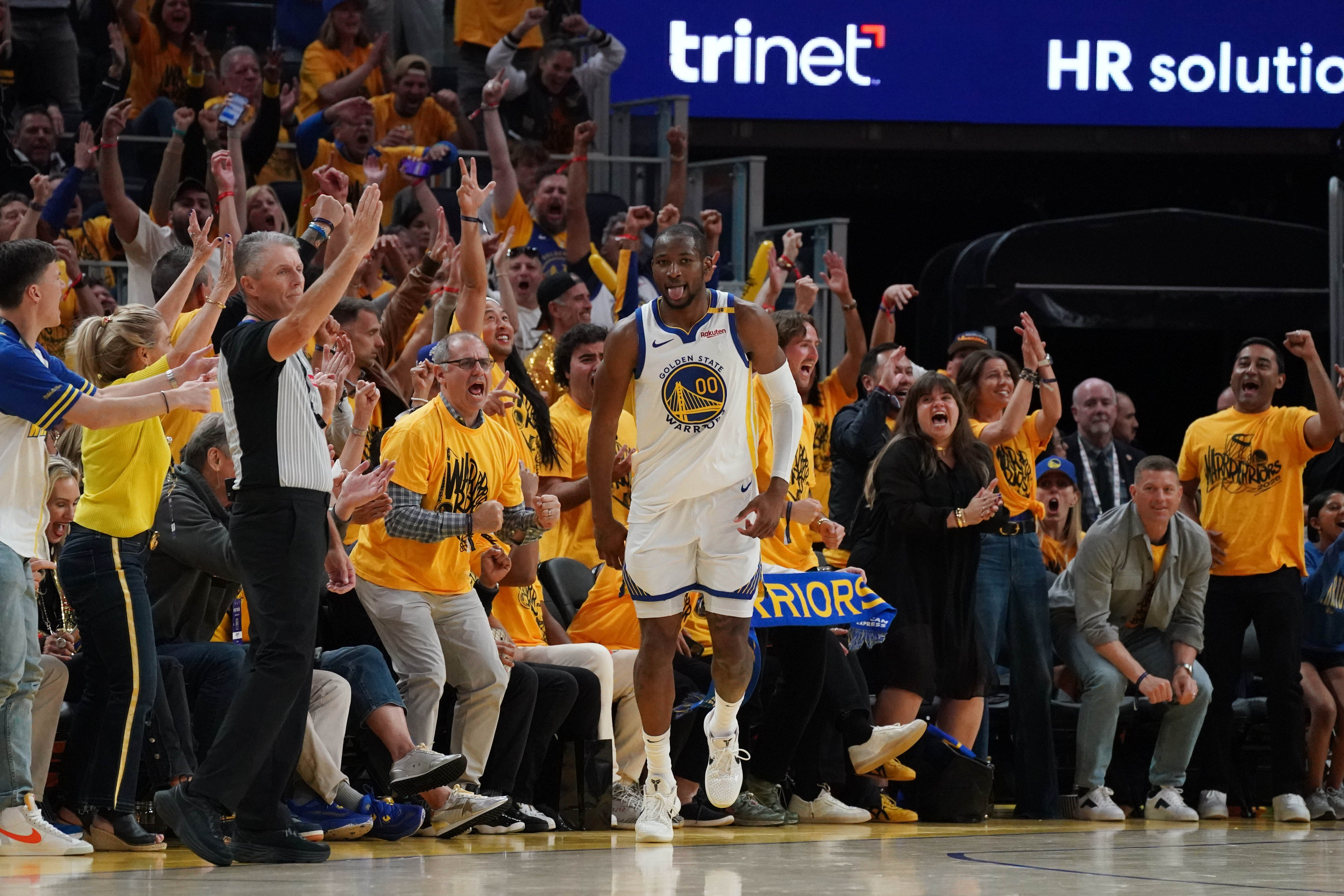 Golden State Warriors forward Jonathan Kuminga (00) celebrates after scoring against the Minnesota Timberwolves in the third quarter during game three in the second round of the 2025 NBA Playoffs at Chase Center.