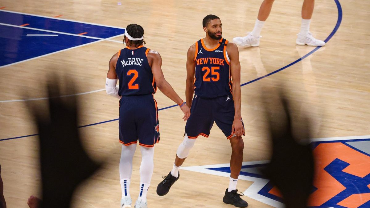 New York Knicks forward Mikal Bridges (25) and guard Miles McBride (2) celebrates after a basket in the second half during game four of the second round for the 2025 NBA Playoffs against the Boston Celtics at Madison Square Garden.
