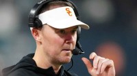 Southern California Trojans head coach Lincoln Riley reacts against the Texas A&M Aggies in the second half at Allegiant Stadium.