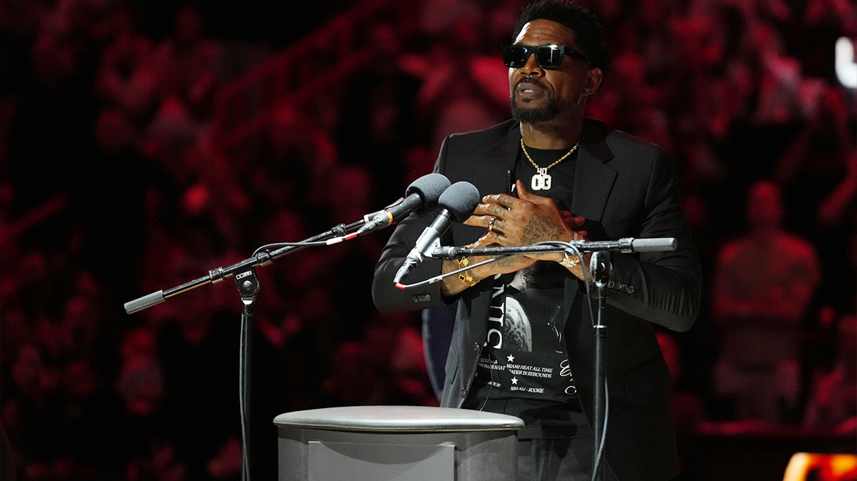 Udonis Haslem speaks after his jersey was lifted to the rafters during the retirement ceremony during halftime of the game between the Miami Heat and the Atlanta Hawks Kaseya Center.