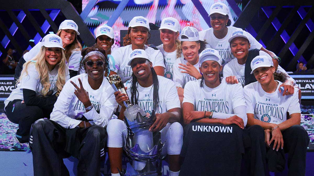 Rose BC guard Chelsea Gray (center) celebrates with teammates after winning the Unrivaled Championship game against the Vinyl BC at Wayfair Arena.
