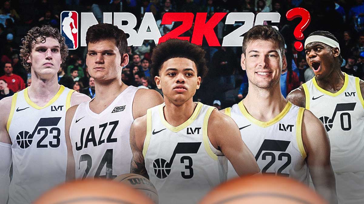 Utah Jazz NBA 2K26 ratings that are 100% wrong. Lauri Markkanen, Walker Kessler, Keyonte George, Kyle Filipowski, Taylor Hendricks in the Jazz jersey with the 2K26 logo at the top with a single question mark.