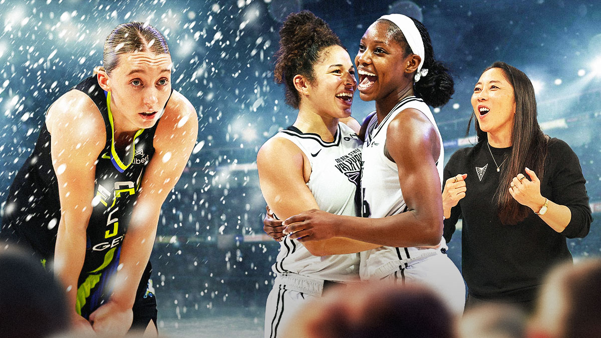 Valkyries' Veronica Burton, Natalie Nakase, and Kaila Charles happy on one side with Paige Bueckers cold in the snow on the other.