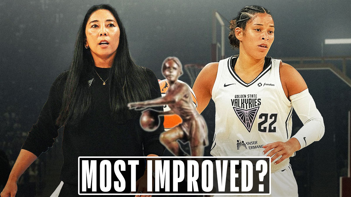 Natalie Nakase and Veronica Burton with the WNBA MIP trophy in the center, radiating golden light. The words "Most Improved?" in big text behind them