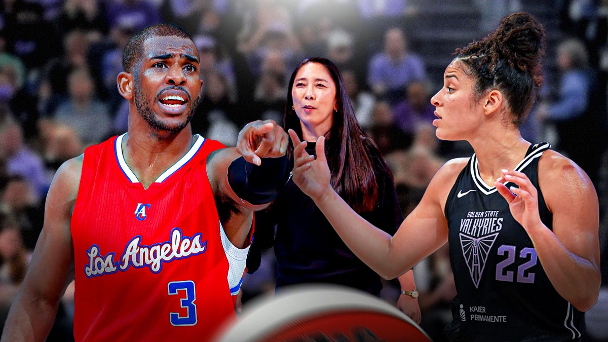 Veronica Burton and Chris Paul (in a clippers uniform), pointing at each other with Natalie Nakase watching on.