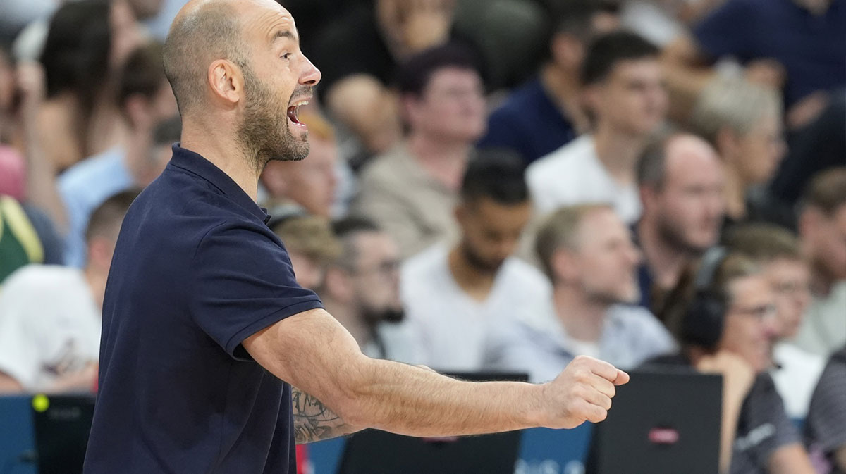 Greece coach Vassilis Spanoulis reacts against Spain in a men's basketball group stage match during the Paris 2024 Olympic Summer Games at Stade Pierre-Mauroy.