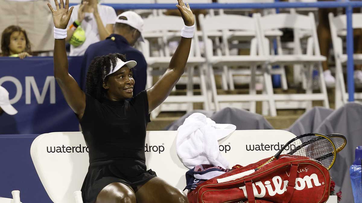 Jul 24, 2025; Washington, D.C., USA; Venus Williams (USA) waves to the crowd after her match against Magdalena Frech (POL)(not pictured) in a women's singles match on day four of the Mubadala Citi DC Open at Rock Creek Park Tennis Center. Mandatory Credit: Geoff Burke-Imagn Images