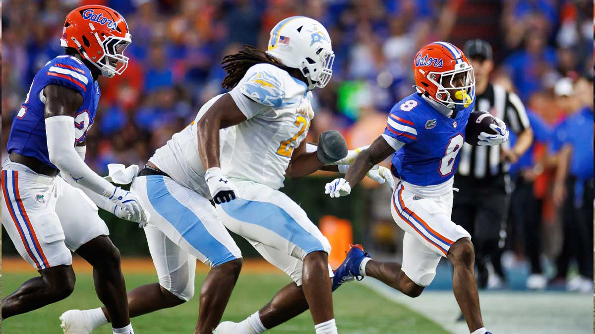 Florida Gators wide receiver Vernell Brown III (8) runs out of bounds during the kick return against the Long Island Sharks during the first half at Ben Hill Griffin Stadium.