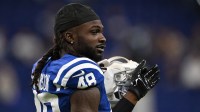 Indianapolis Colts safety Ronnie Harrison Jr. (48) stands on the field before the game against the Jacksonville Jaguars at Lucas Oil Stadium.