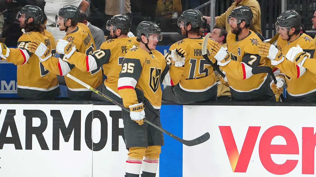 Vegas Golden Knights right wing Victor Olofsson (95) celebrates after scoring a goal against the Edmonton Oilers during the first period of game two of the second round of the 2025 Stanley Cup Playoffs at T-Mobile Arena.