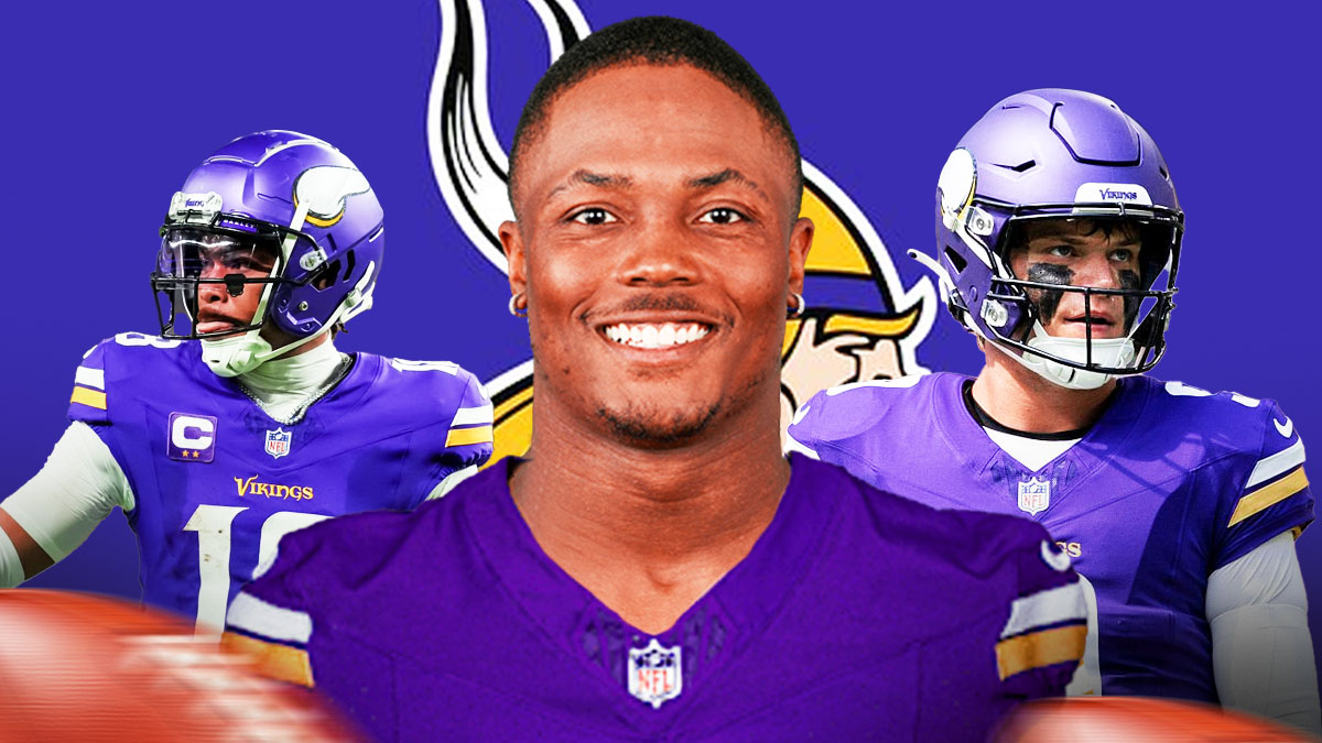 Terry McLaurin in the middle in a Minnesota Vikings jersey, JJ McCarthy and Justin Jefferson around him, Minnesota Vikings logo in the background