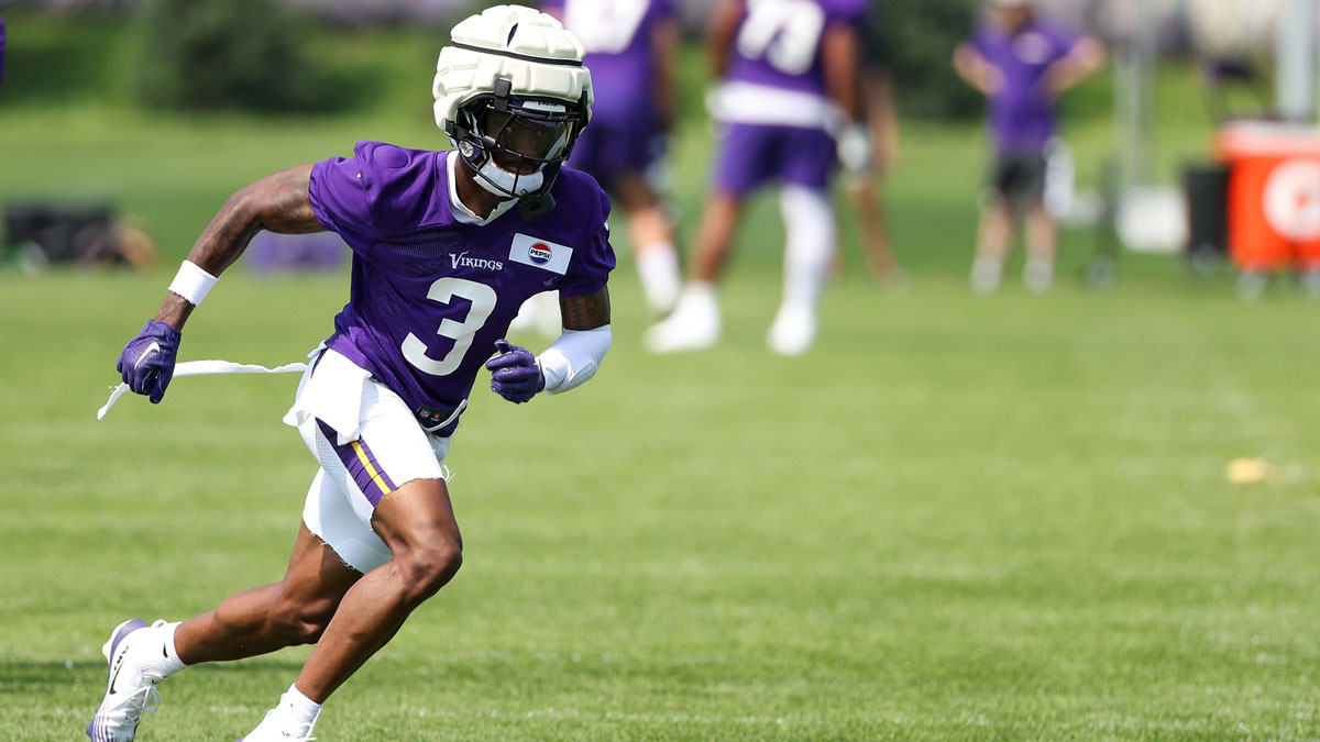 Minnesota Vikings wide receiver Jordan Addison (3) takes part in drills during the team's training camp at the Minnesota Vikings Training Facility.