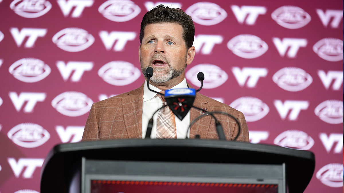 Virginia Tech head coach Brent Pry answers questions from the media during ACC Media Days at Hilton Charlotte Uptown.