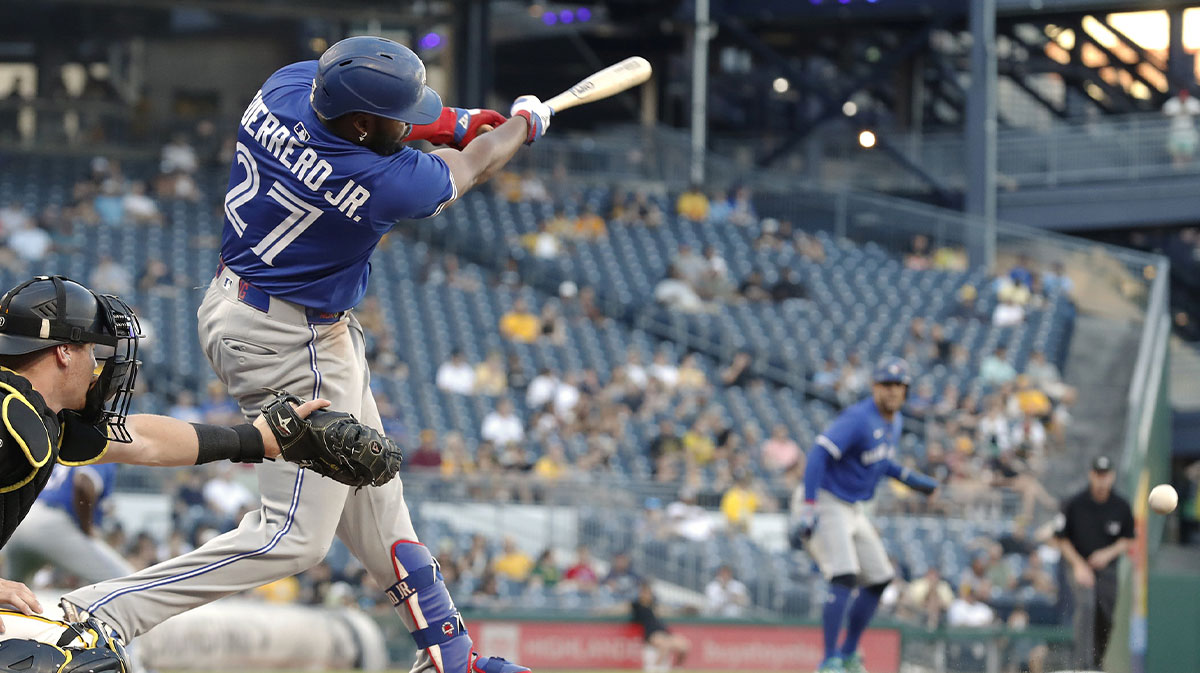 Toronto Blue Jays first baseman Vladimir Guerrero Jr. (27) drives in a run with a fielders choice ground out against the Pittsburgh Pirates during the third inning at PNC Park.
