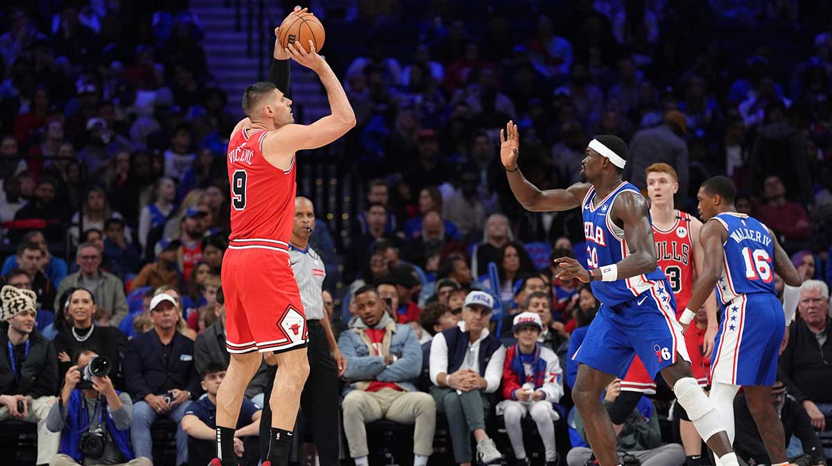 Chicago Bulls center Nikola Vucevic (9) shoots the ball against the Philadelphia 76ers in the second quarter at Wells Fargo Center.