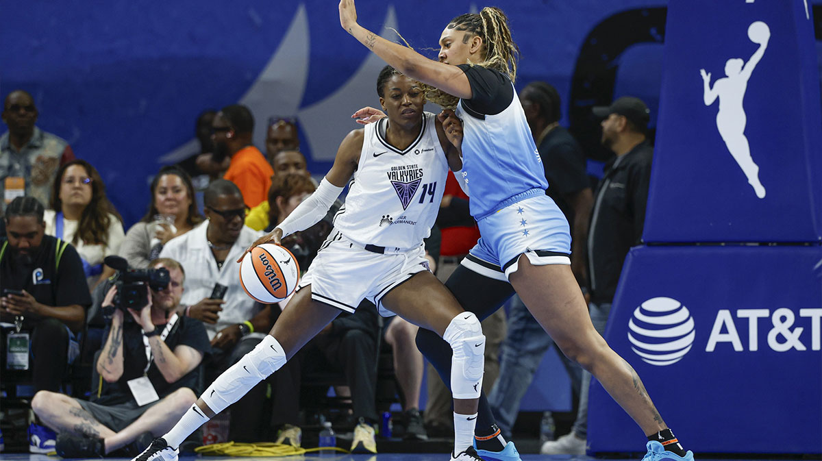 Chicago Sky center Kamilla Cardoso (10) defends against Golden State Valkyries center Temi Fagbenle (14) during the first half at Wintrust Arena.