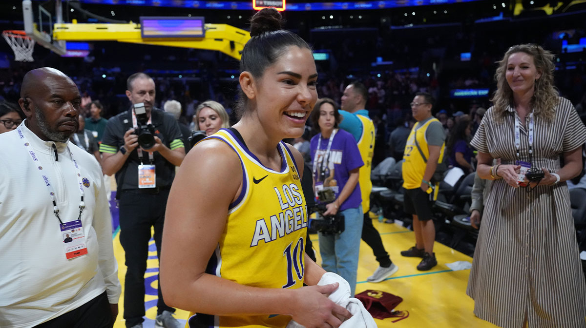 Aug 5, 2025; Los Angeles, California, USA; iLA Sparks guard Kelsey Plum (10) reacts after the game against the Indiana Fever at the Crypto.com Arena. Mandatory Credit: Kirby Lee-Imagn Images