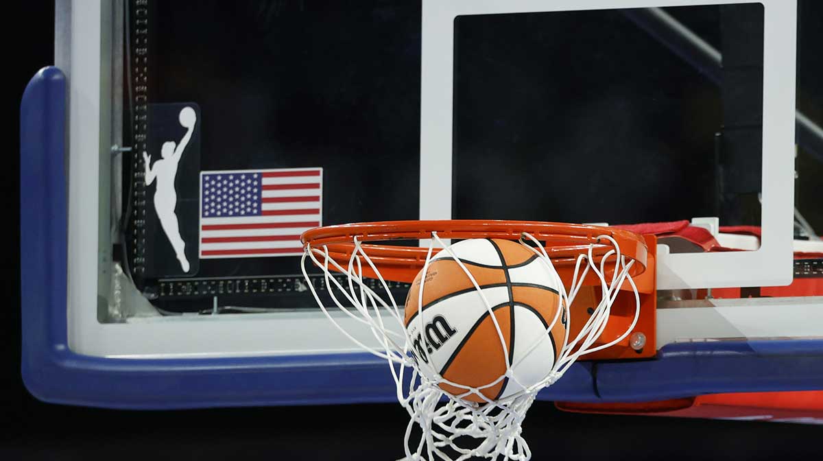 Wilson basketball is seen next to WNBA logo before a game between the Chicago Sky and Phoenix Mercury at Wintrust Arena.