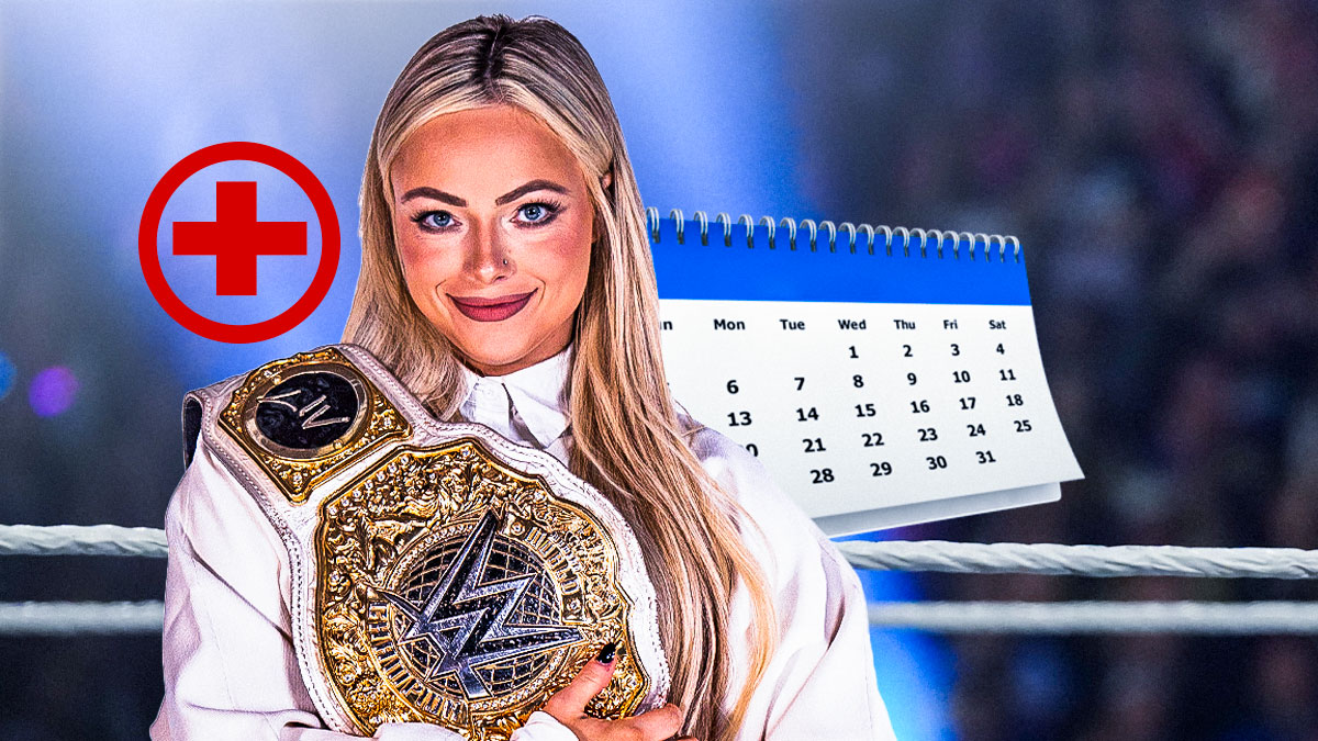 WWE star Liv Morgan, whose return from injury may come in 2026, next to a calendar.