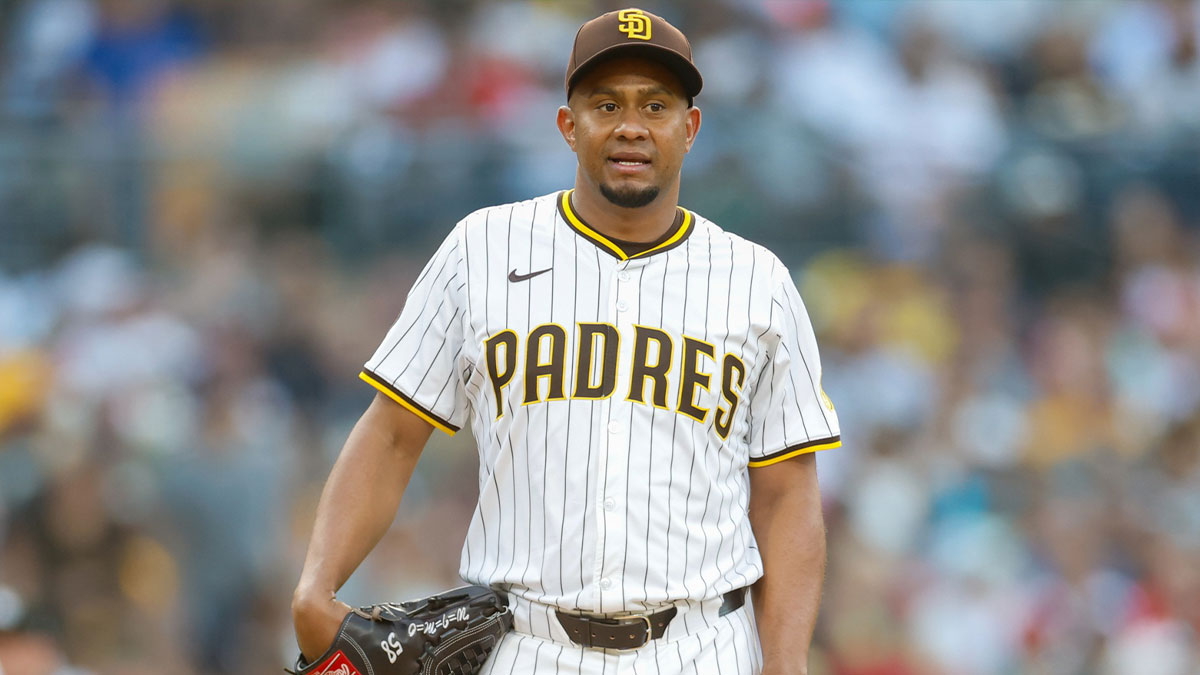San Diego Padres relief pitcher Wandy Peralta (58) reacts after a balk is called during the third inning against the Boston Red Sox