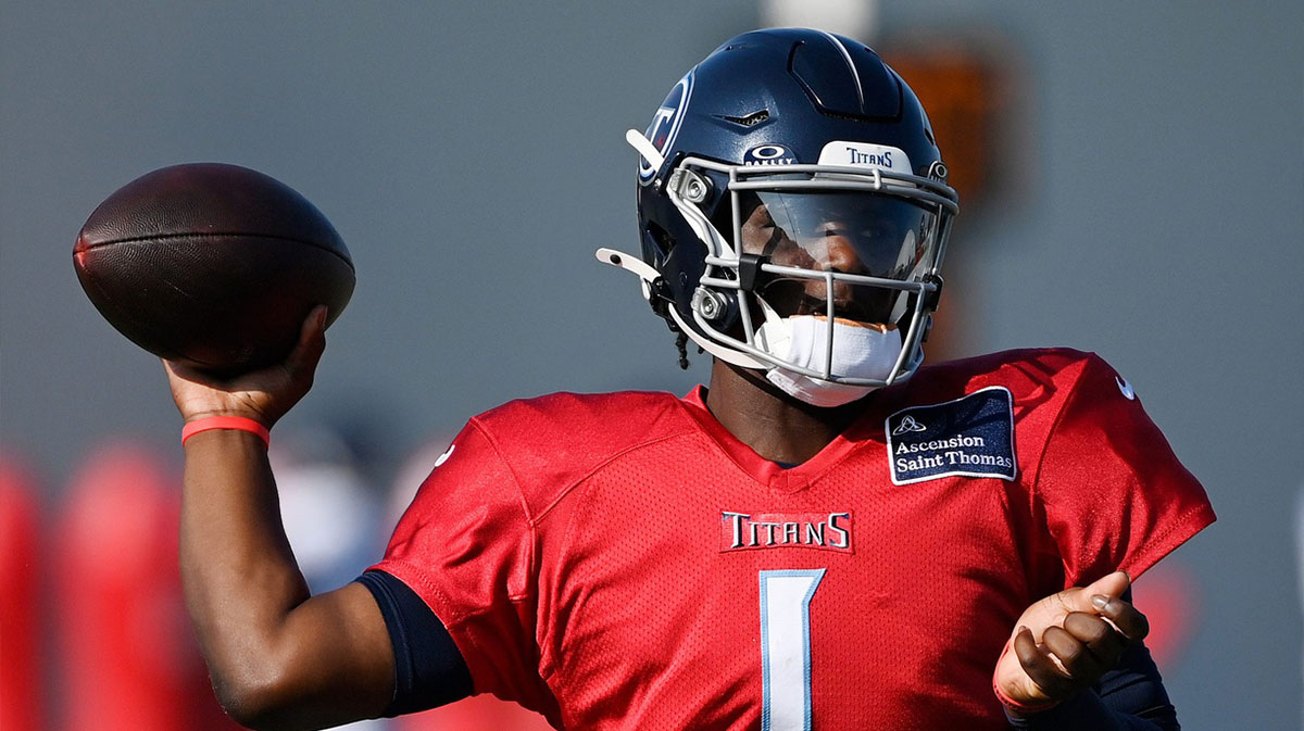 Tennessee Titans quarterback Cam Ward (1) throws the ball during an NFL football training camp practice at Ascension Saint Thomas Sports Park Saturday, Aug. 2, 2025, in Nashville, Tenn.
