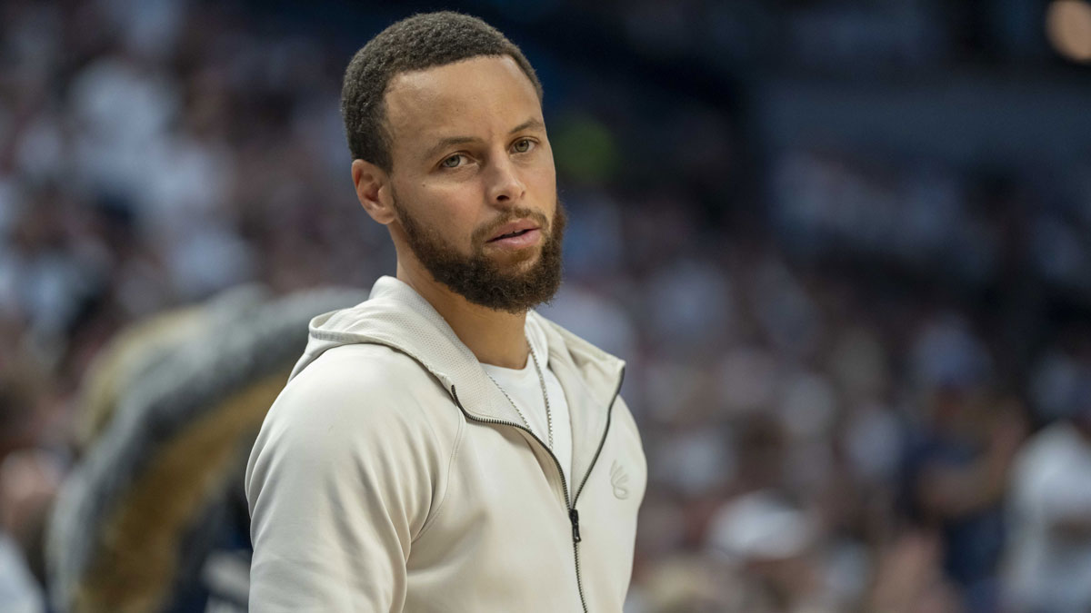 Golden State Warriors guard Stephen Curry (30) looks on against the Minnesota Timberwolves in the second half during game five of the second round for the 2025 NBA Playoffs at Target Center.
