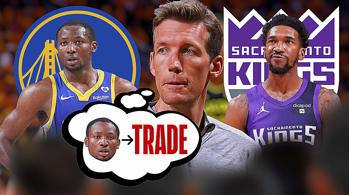 Warriors' Jonathan Kuminga next to Mike Dunleavy Jr. thinking about a trade with Kings' Malik Monk