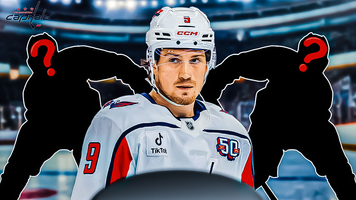 Ryan Leonard in the center, two mystery players around him. Capitals logo in the background. , Hendrix Lapierre