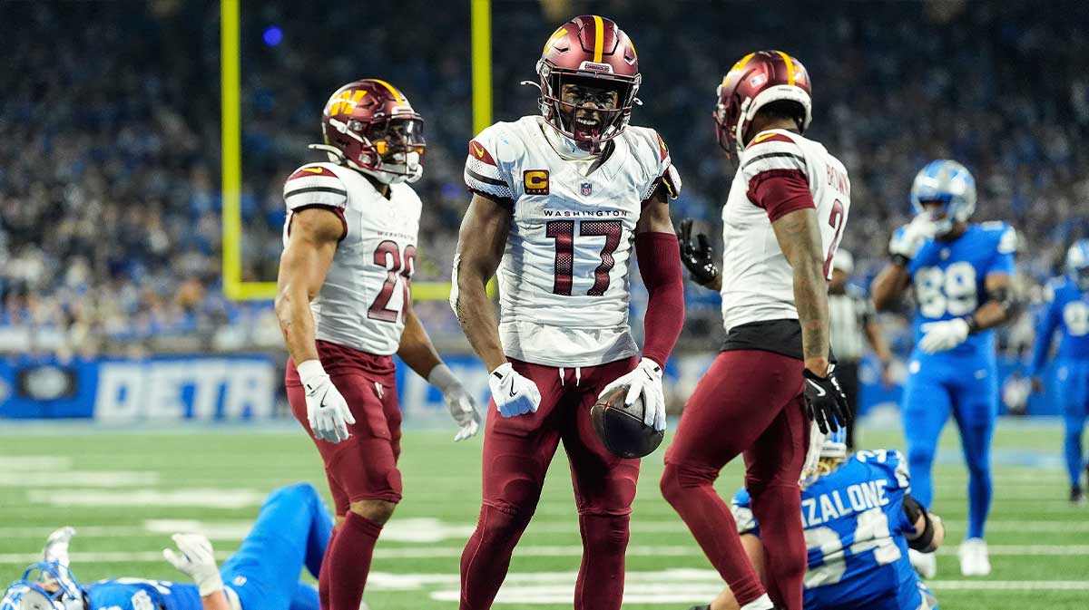 Washington Commanders wide receiver Terry McLaurin (17) celebrates a first down against Detroit Lions during the second half of the NFC divisional round at Ford Field in Detroit on Saturday, Jan. 18, 2025.