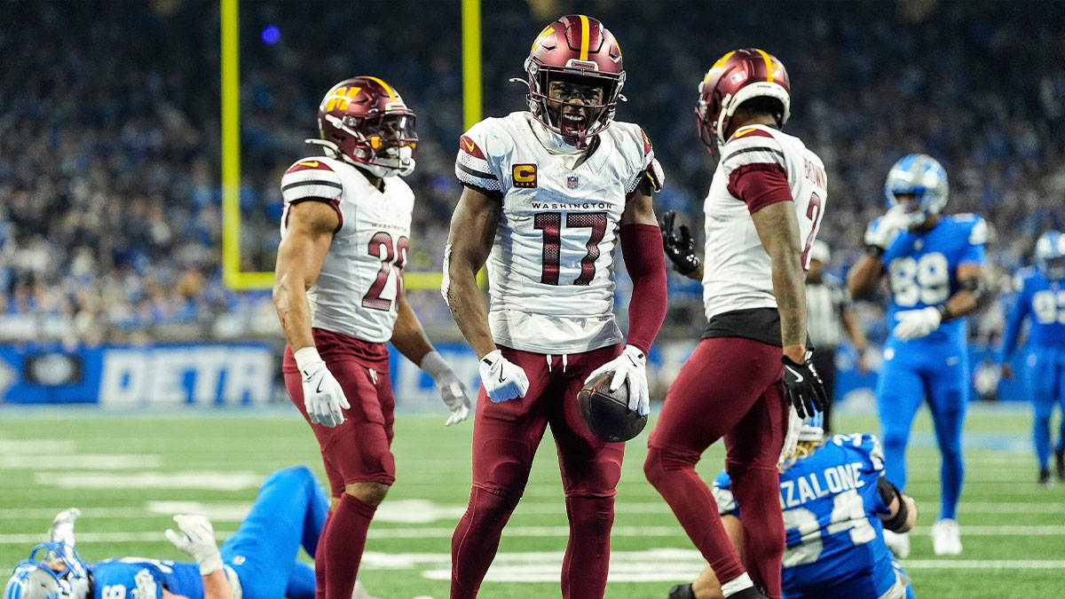 Washington Commanders wide receiver Terry McLaurin (17) celebrates a first down against Detroit Lions during the second half of the NFC divisional round at Ford Field in Detroit on Saturday, Jan. 18, 2025.