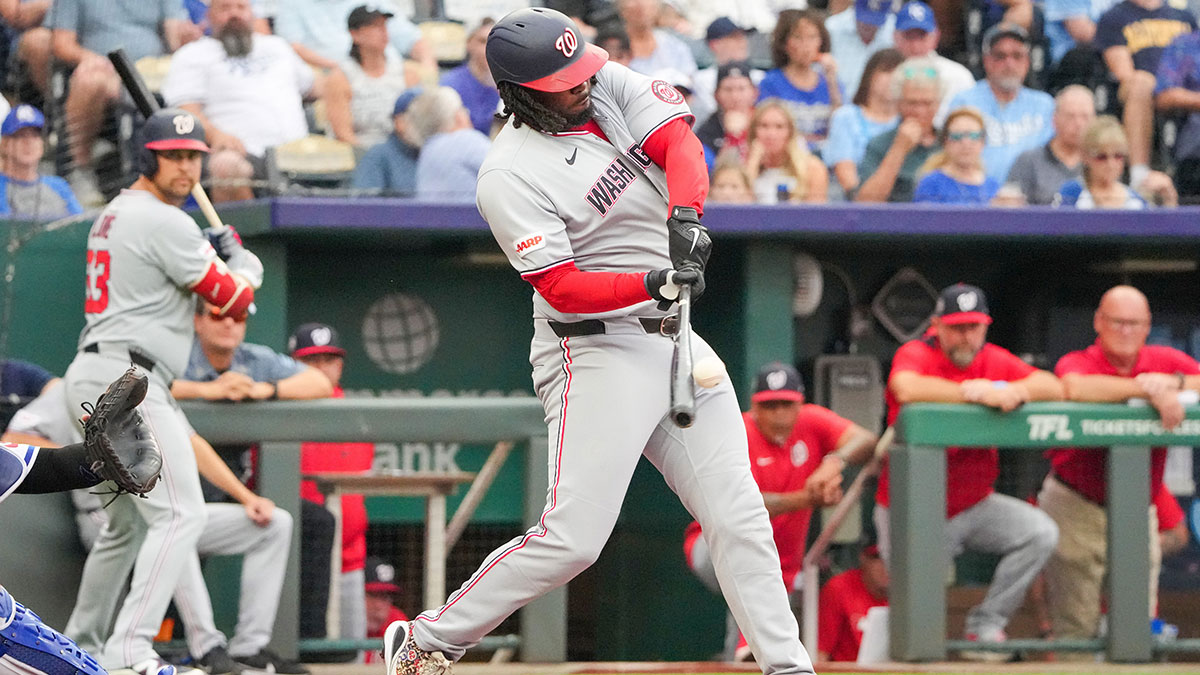 Washington Nationals designated hitter Josh Bell (19) hits a two run home run against the Kansas City Royals in the first inning at Kauffman Stadium.