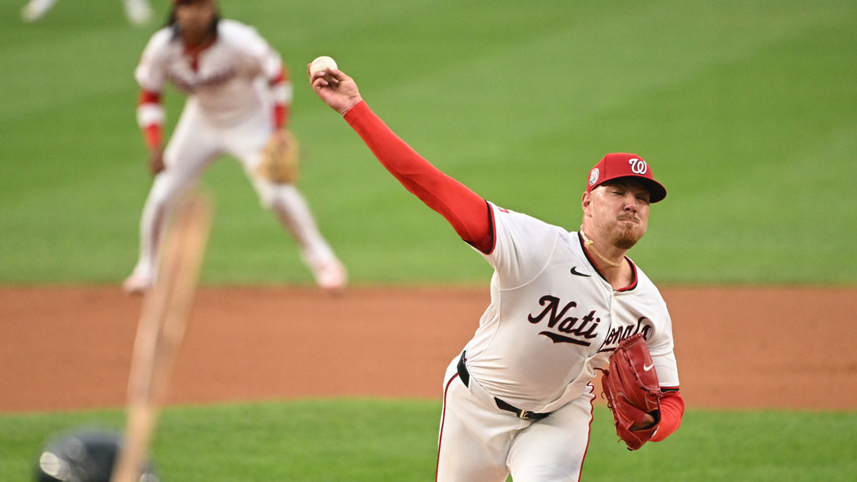 Washington Nationals starting pitcher Cade Cavalli (24) throws a pitch against the Athletics during the third inning at Nationals Park.