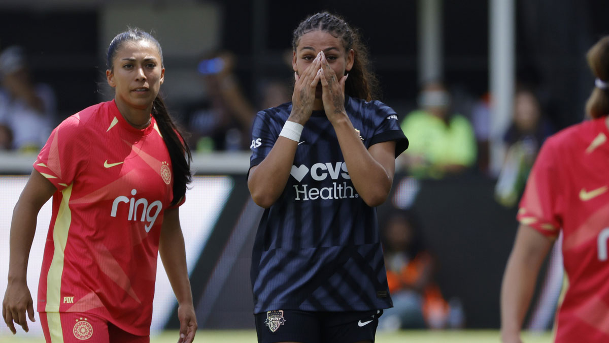 Aug 3, 2025; Washington, District of Columbia, USA; Washington Spirit forward Trinity Rodman (2) celebrates after scoring a goal against Portland Thorns FC during the second half at Audi Field. Mandatory Credit: Amber Searls-Imagn Images
