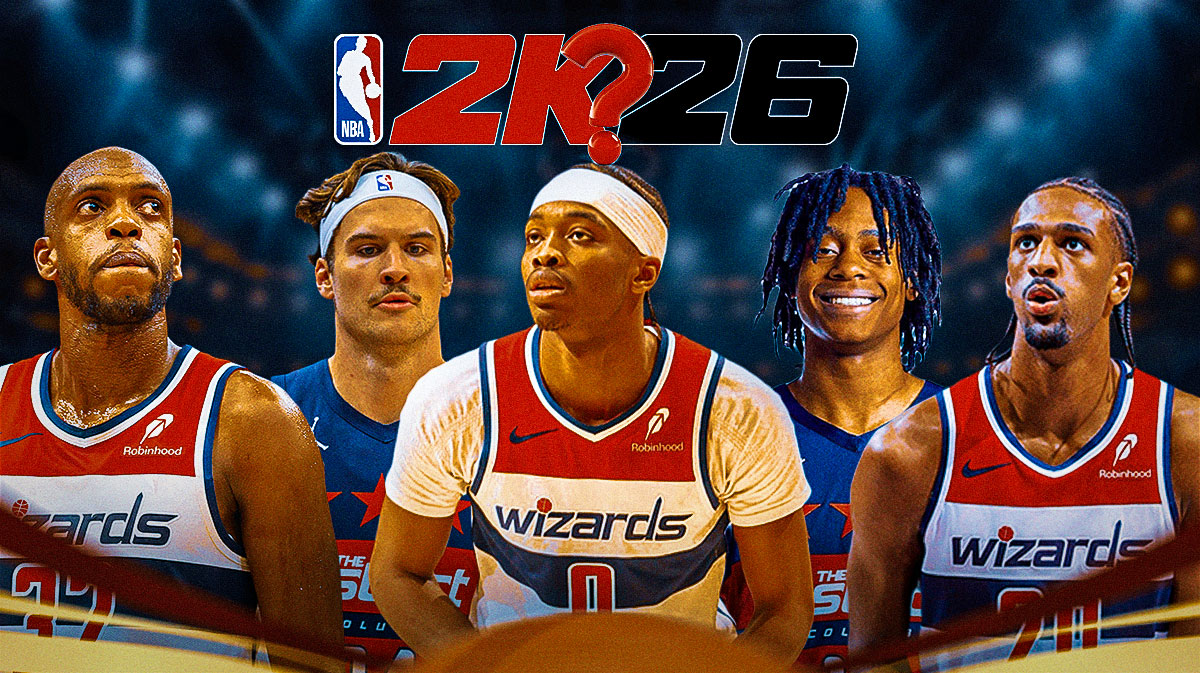 Washington Wizards NBA 2K26 ratings that are 100% wrong. Khris Middleton, Corey Kispert, Bilal Coulibaly, Tre Johnson, and Alexandre Sarr in the Wizards jersey with the 2K26 logo at the top, with a single question mark.