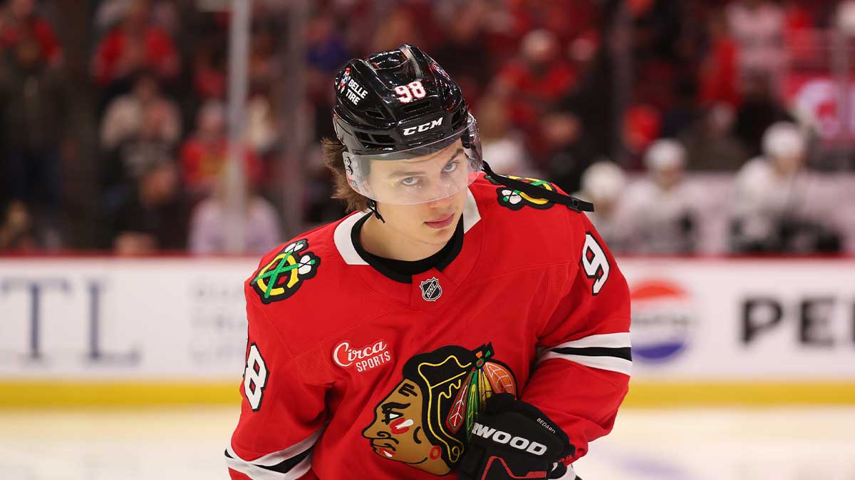 Chicago Blackhawks center Connor Bedard (98) skates during the second period against the Los Angeles Kings at United Center.