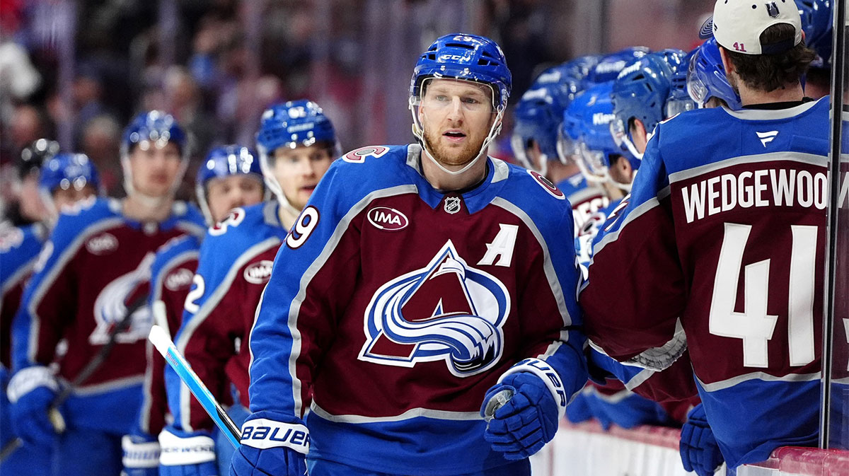 Colorado Avalanche center Nathan MacKinnon (29) celebrates his go ahead goal in the third period against the Dallas Stars in game six of the first round of the 2025 Stanley Cup Playoffs at Ball Arena.